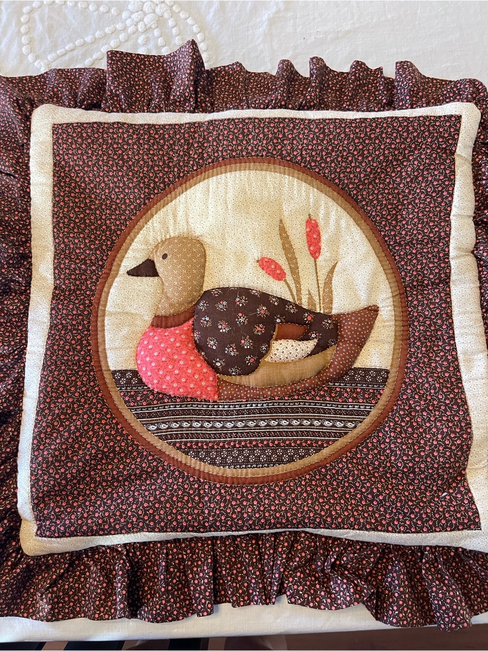 Vintage Country Duck Appliqué Holiday Pillow in Brown and Pink (sham only)
